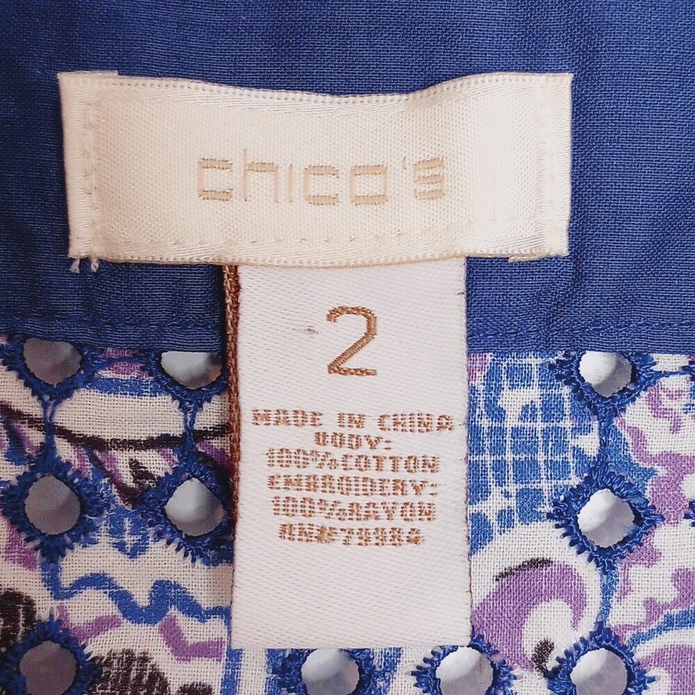 Chico's Blue & White Baroque Print Eyelet Lace Open Front Jacket - Picture 2 of 10